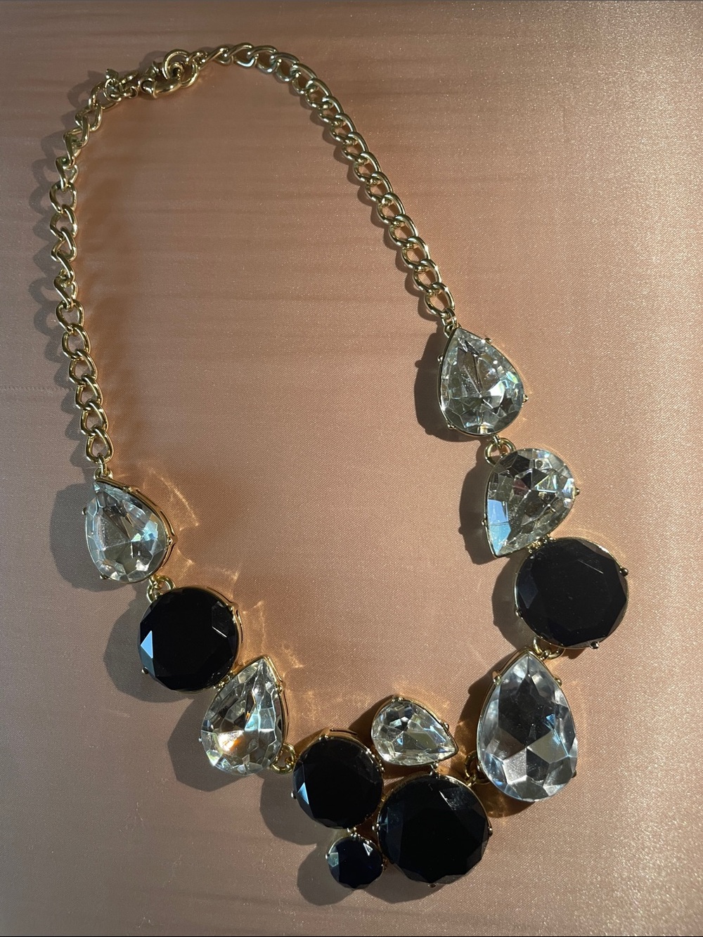 Statement Necklace with Black and Clear Sparkling Gemstones and rich gold chain